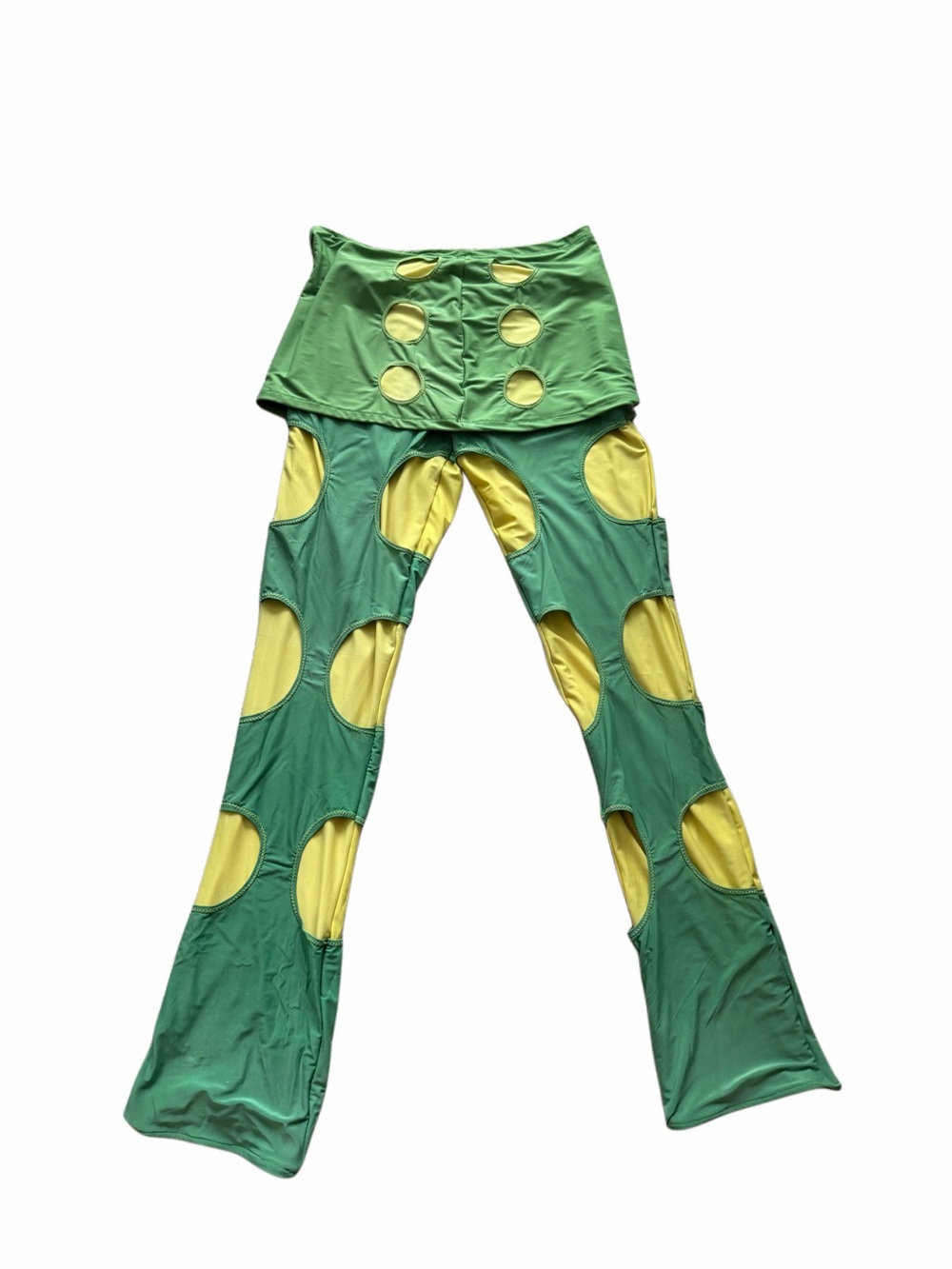 Green and yellow two-piece pants and detachable skirt set